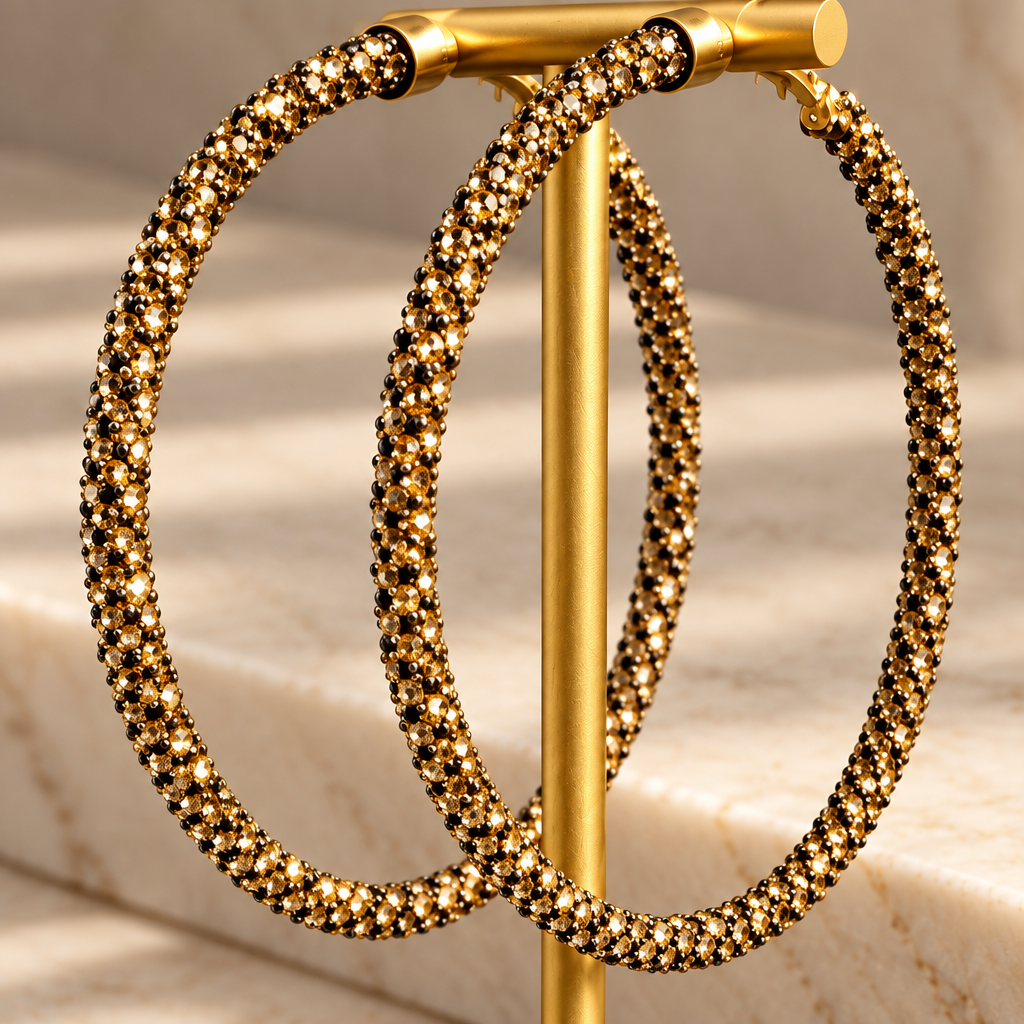 Large gold hoop earrings covered in small sparkling rhinestones, displayed on a gold stand against a softly lit beige marble background.
