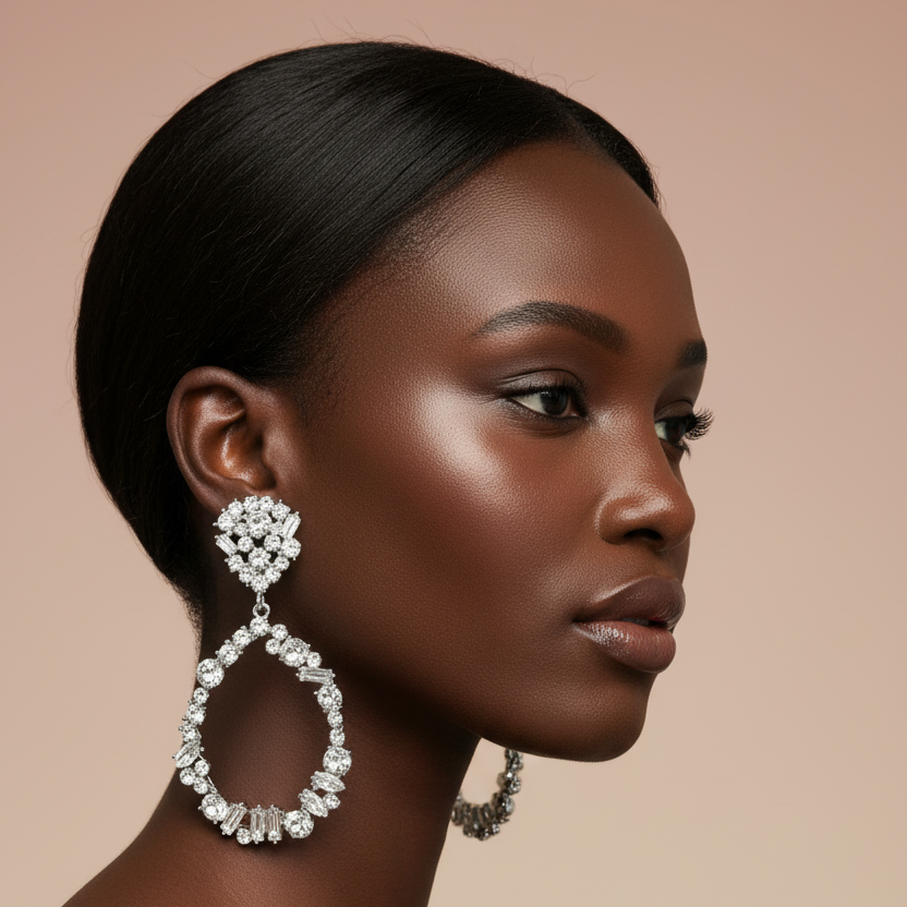 A close-up side profile of a woman with dark hair wearing a large silver teardrop dangle earring set with clear crystals, against a solid beige background.
