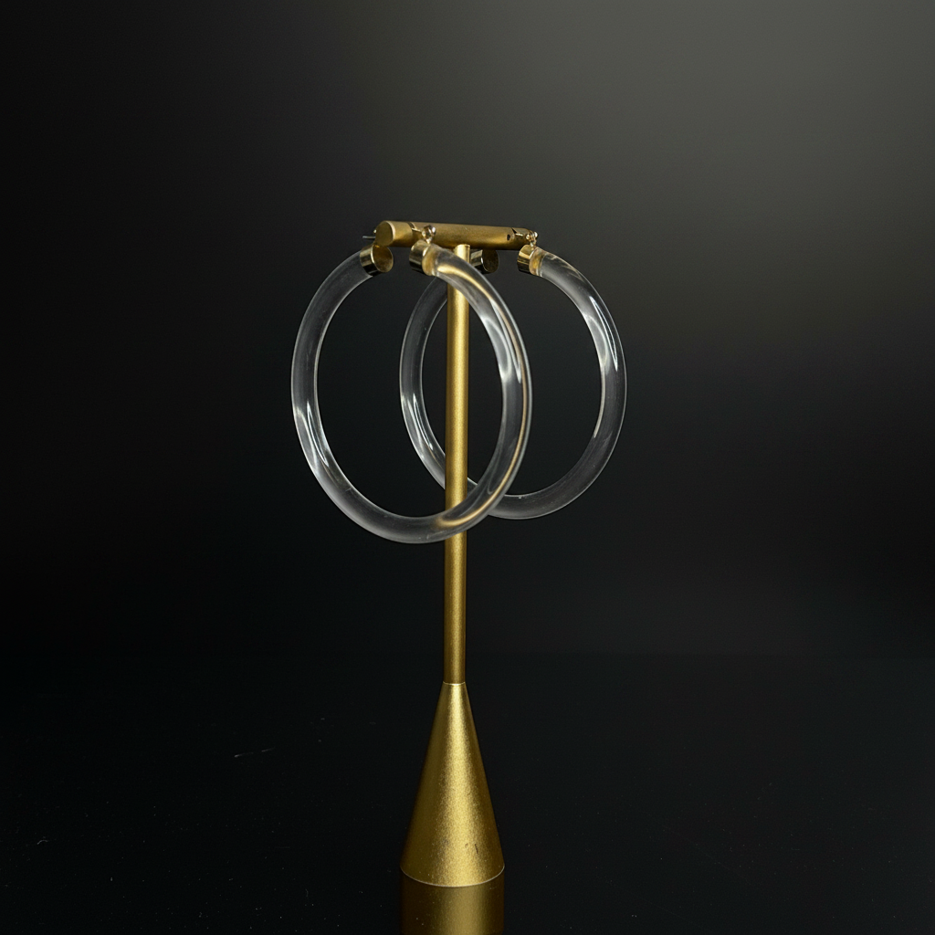 A pair of clear acrylic hoop earrings displayed on a gold-tone stand against a gray subway tile wall and dark surface.