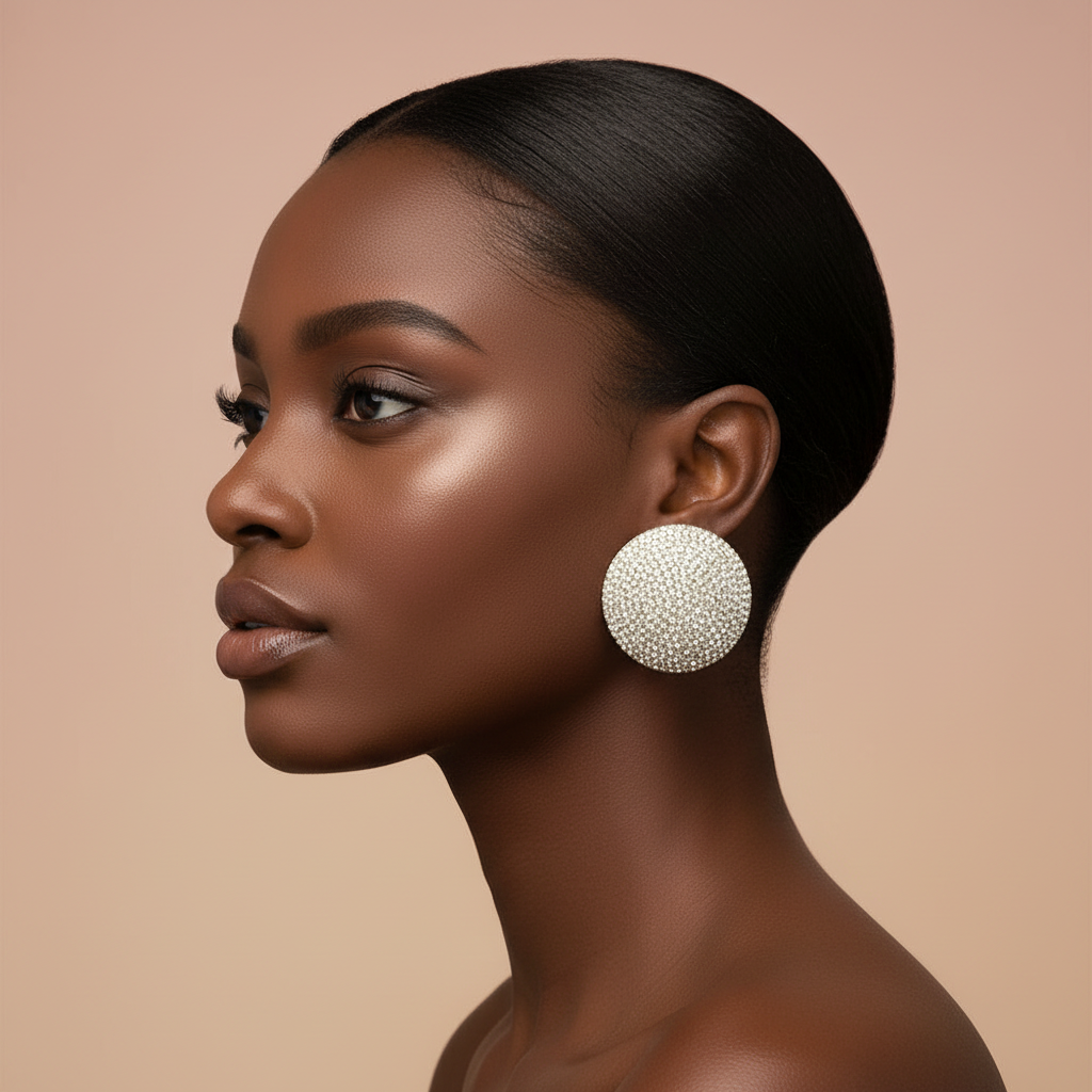 Woman wearing large, round, beaded earrings against a beige background