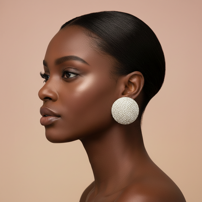 Woman wearing large, round, beaded earrings against a beige background