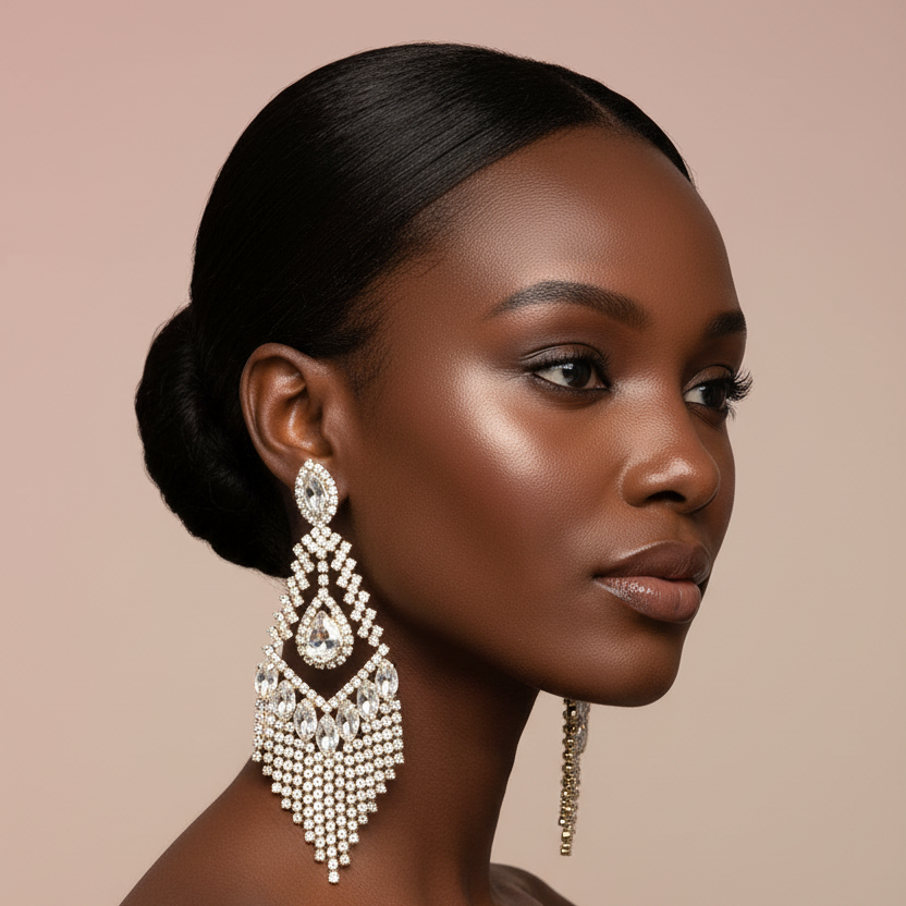 Woman wearing large, ornate earrings against a beige background