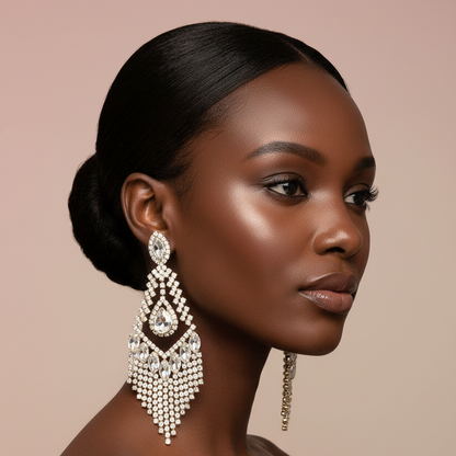 Woman wearing large, ornate earrings against a beige background