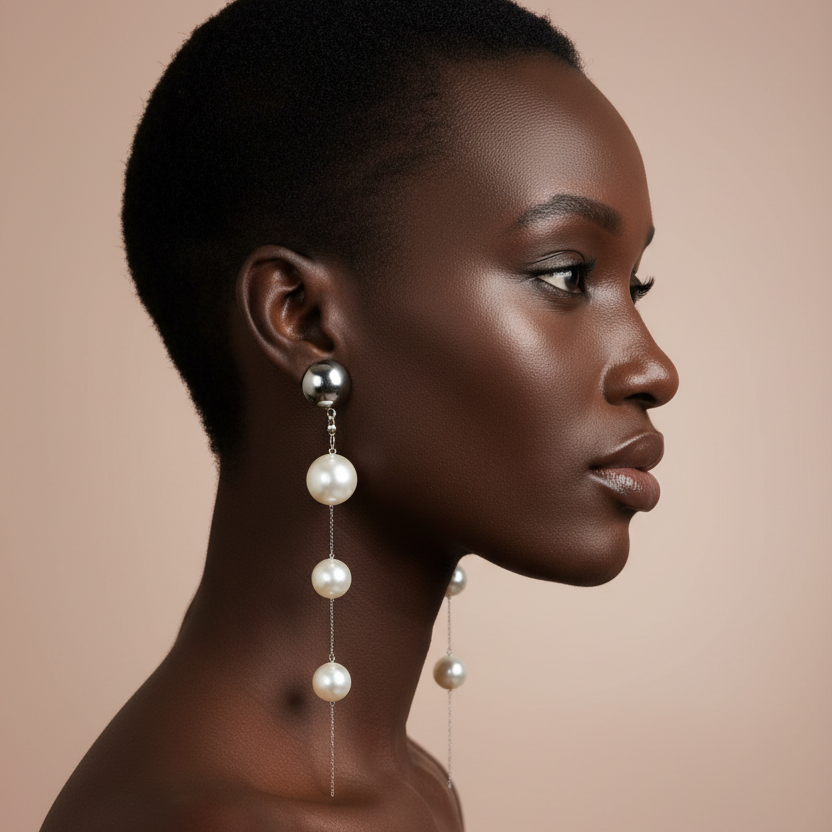 Woman wearing pearl earrings against a beige background