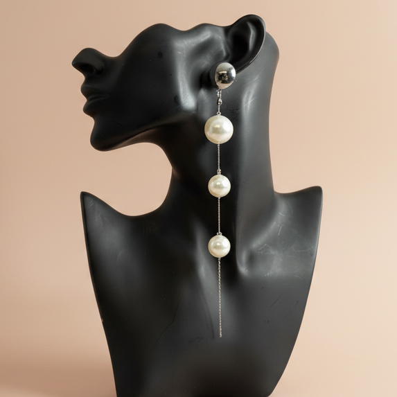 Pearl earring on a black mannequin bust against a beige background