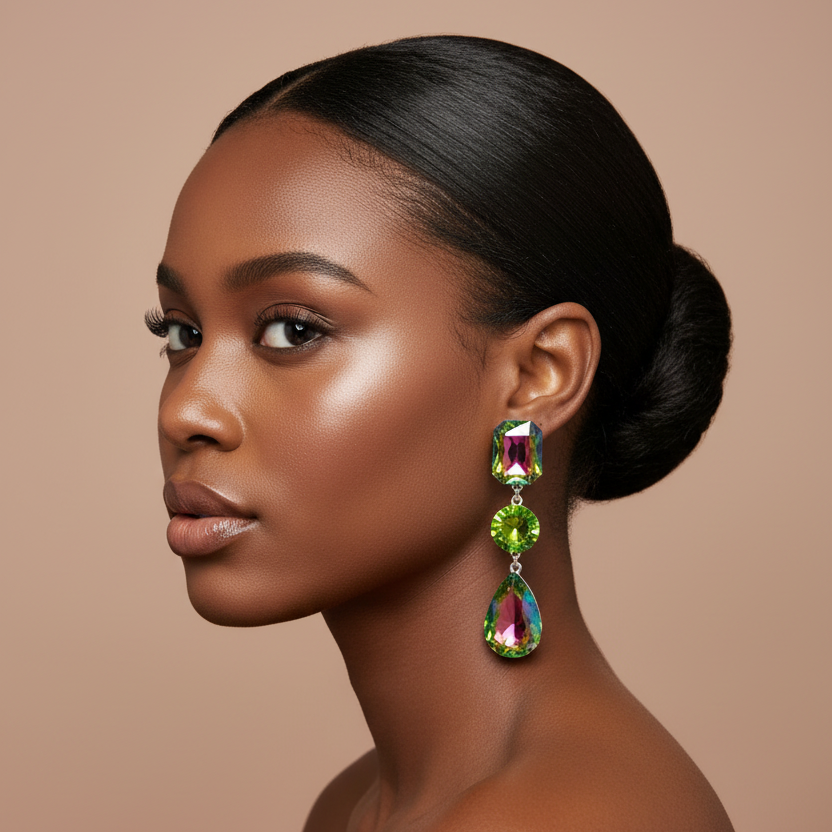A woman in profile wearing a pair of dramatic drop earrings with green and iridescent marquise-cut crystals, set against a solid warm beige background.