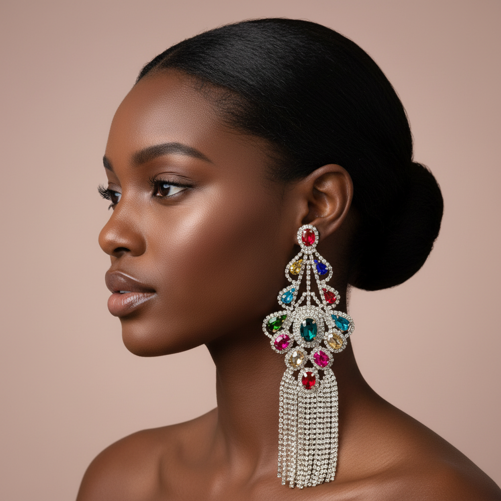 Woman wearing a colorful earring with a neutral background