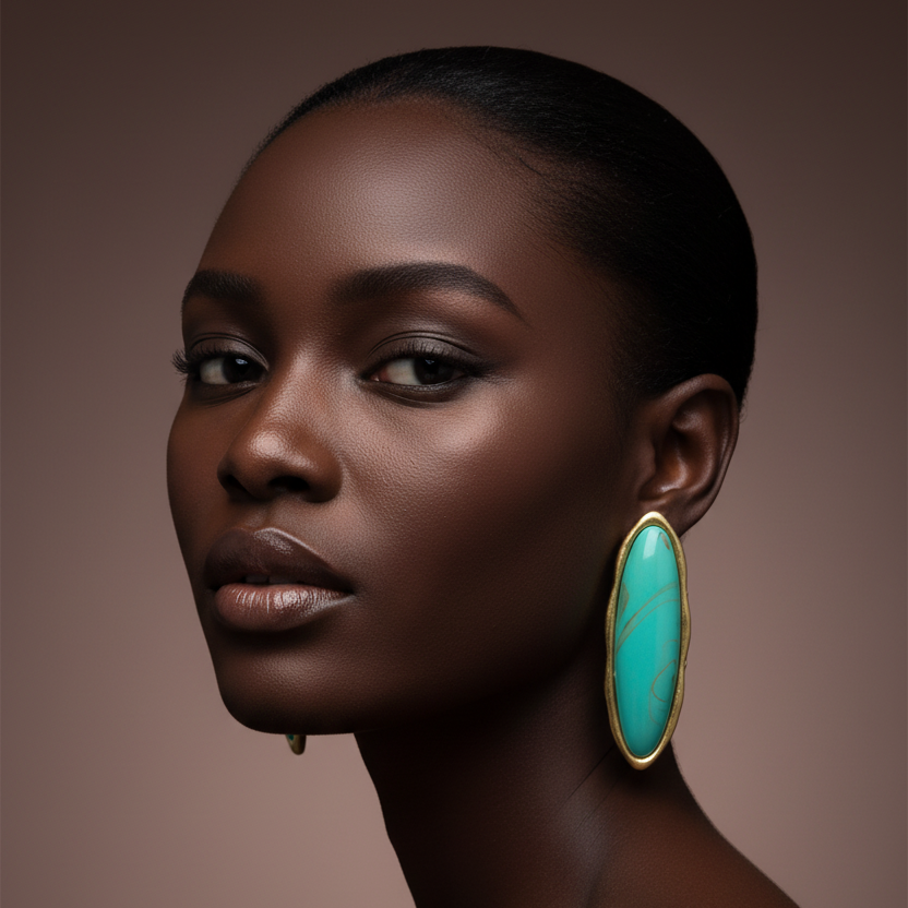 Woman wearing a turquoise earring against a beige background 