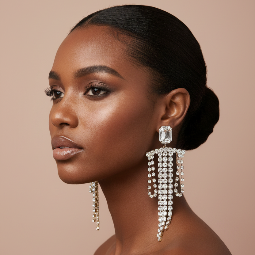 Woman wearing dangle rhinestone earrings against a nude background 