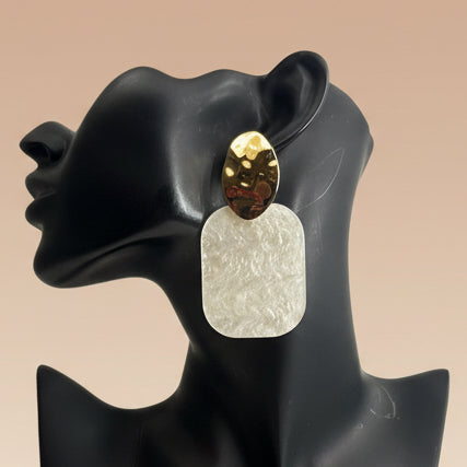 Bold Glitter Resin Geometric Plate Drop Statement Earrings On black mannequin bust with beige background 