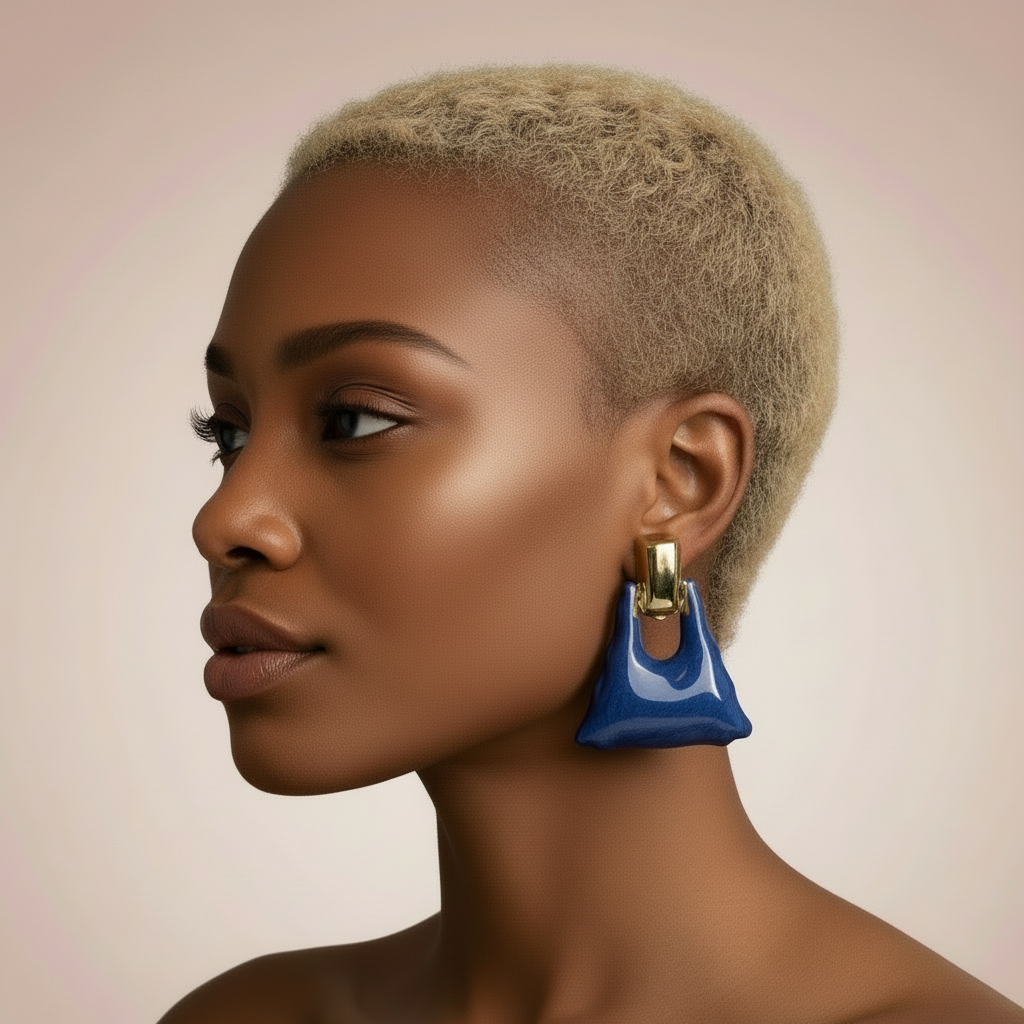 Woman wearing a blue earring with a gold hook on a beige background
