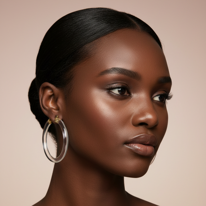 A close-up portrait of a woman with dark hair pulled back, wearing large clear hoop earrings with gold accents, against a soft beige background.