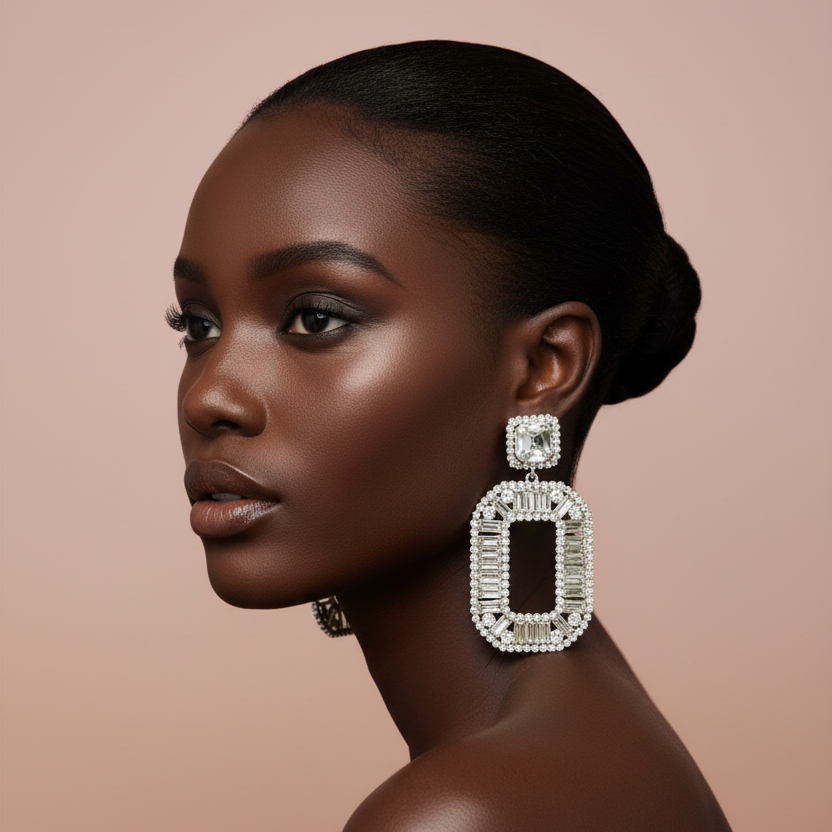 A close-up side profile of a woman with dark hair in a bun wearing a large rectangular silver dangle earring adorned with clear baguette and round crystals, set against a solid dusty pink background.