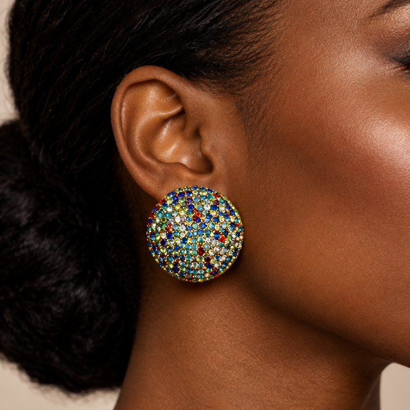 A close-up of a model's ear wearing a round, heavily embellished stud earring covered in multicolored rhinestones.
